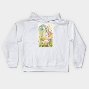 Watercolour painting of striped cat in th flower garden Kids Hoodie